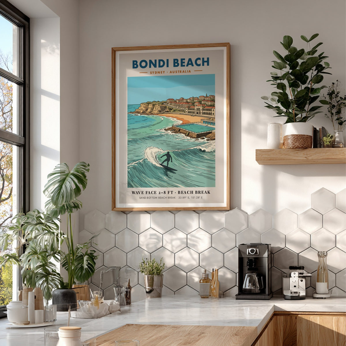 Bondi Beach poster showing a surfer on a wave with coastal buildings behind