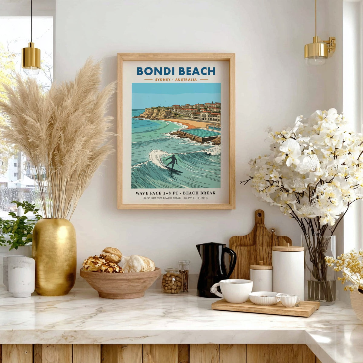 Bondi Beach poster showing a surfer on a wave with coastal buildings behind
