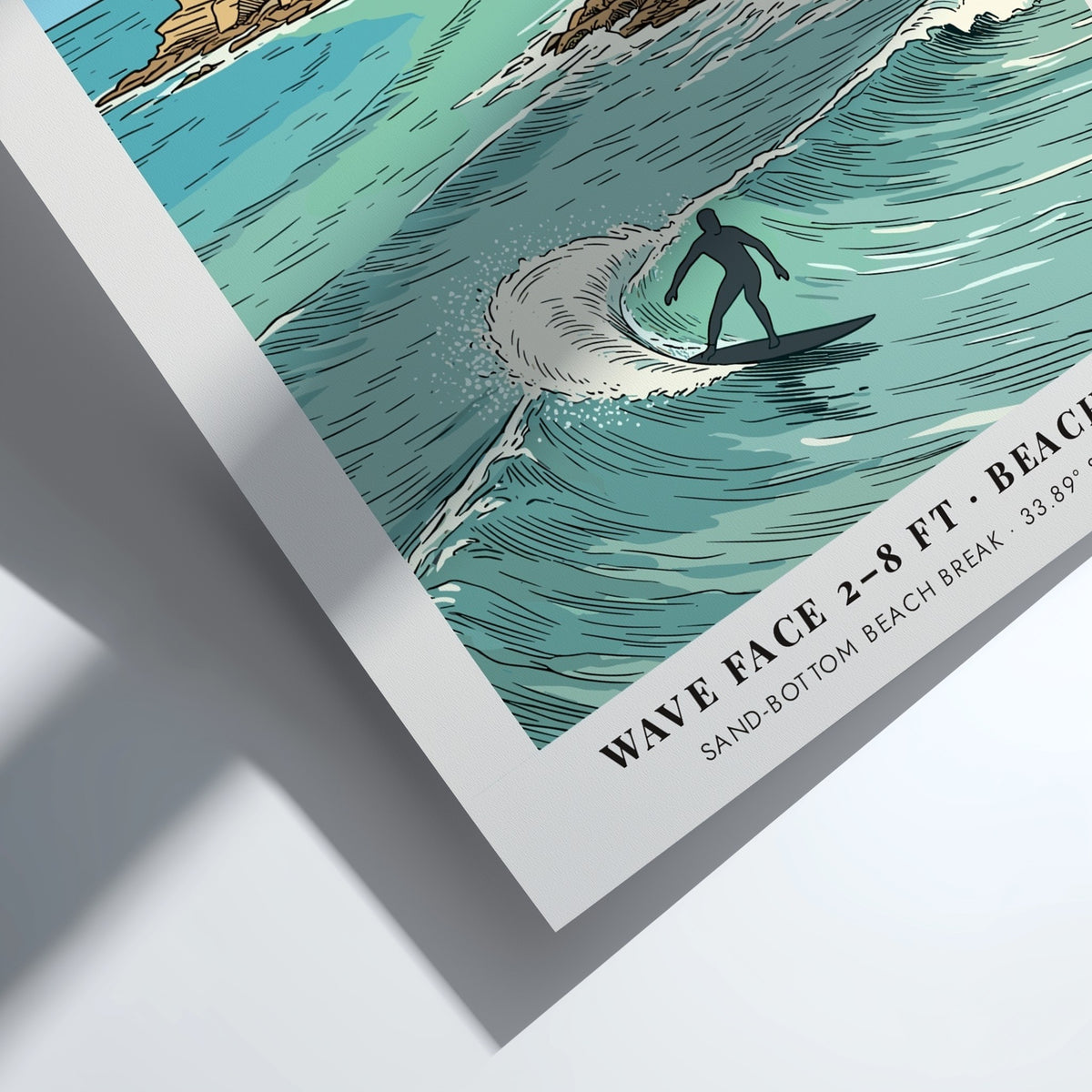 Bondi Beach poster showing a surfer on a wave with coastal buildings behind