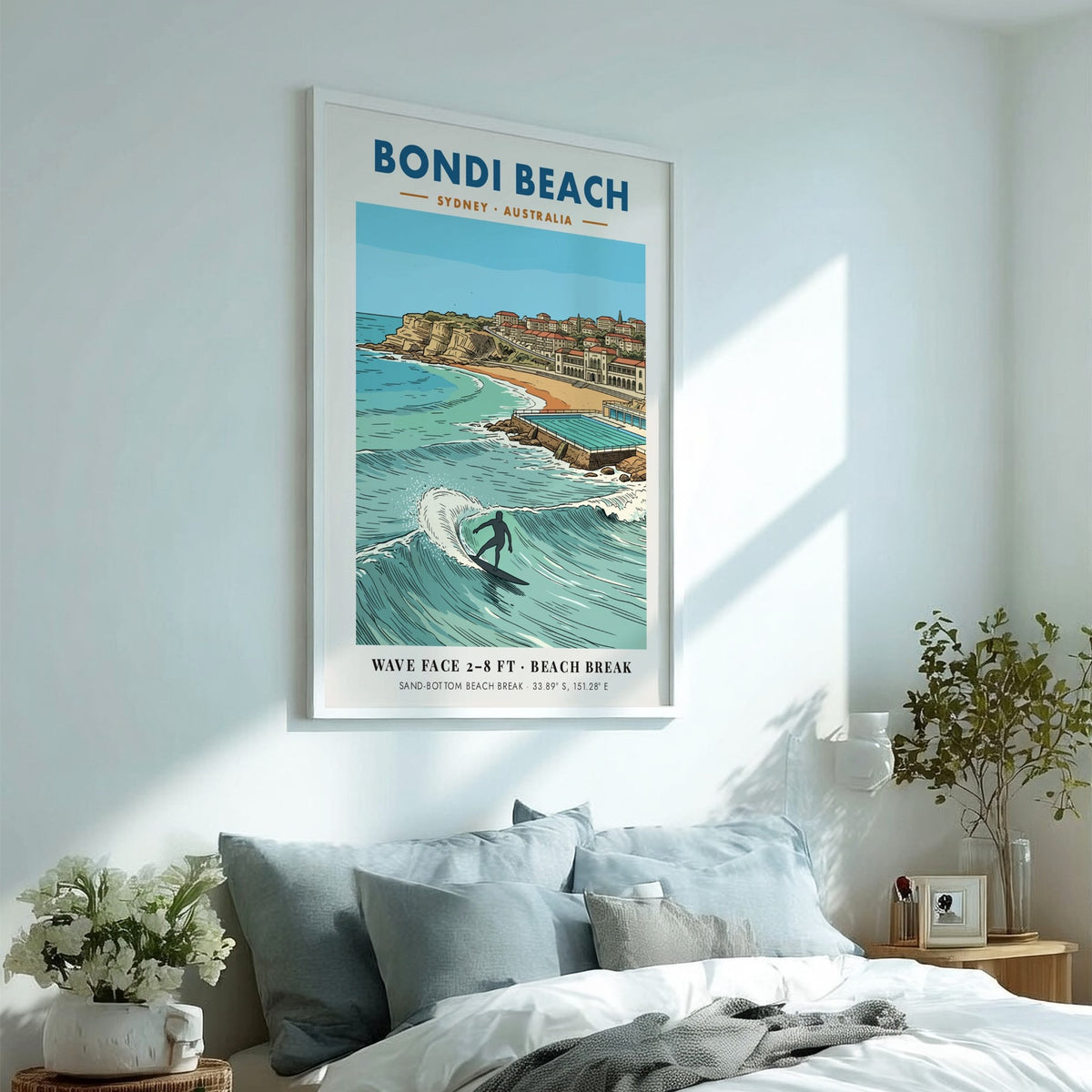 Bondi Beach poster showing a surfer on a wave with coastal buildings behind