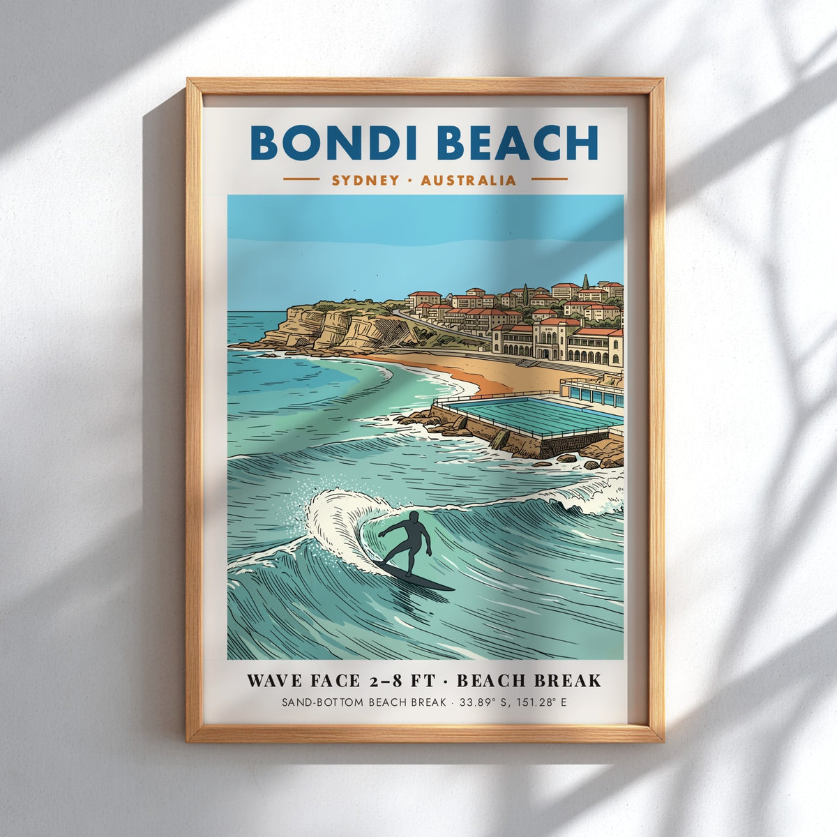Bondi Beach poster showing a surfer on a wave with coastal buildings behind