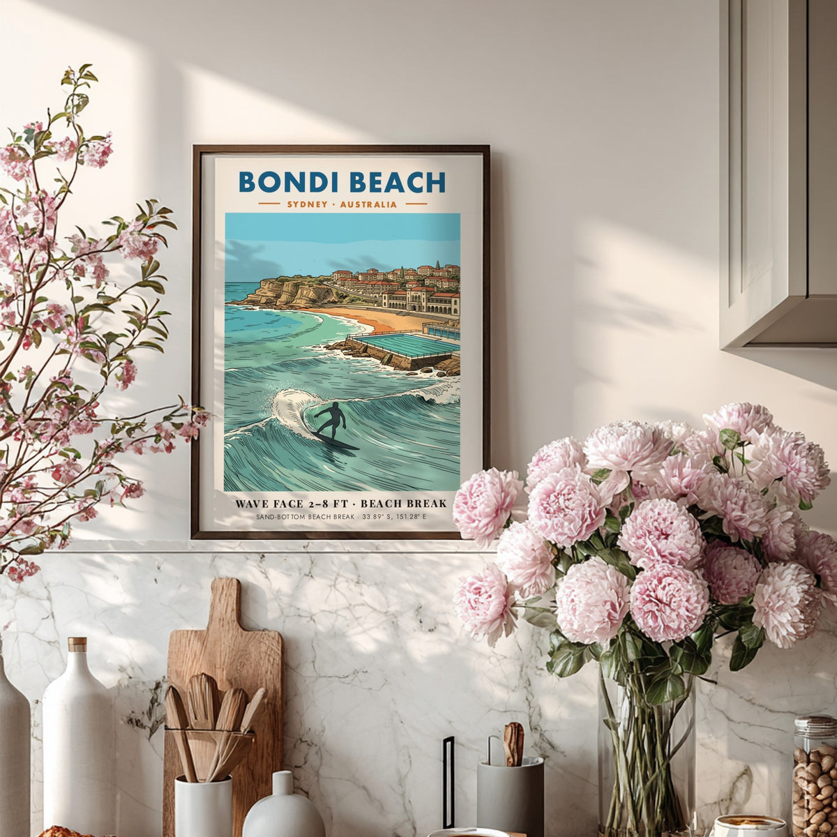 Bondi Beach poster showing a surfer on a wave with coastal buildings behind