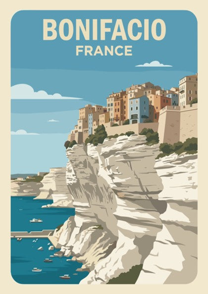 Poster of Bonifacio France featuring colourful buildings perched on steep white limestone cliffs above.