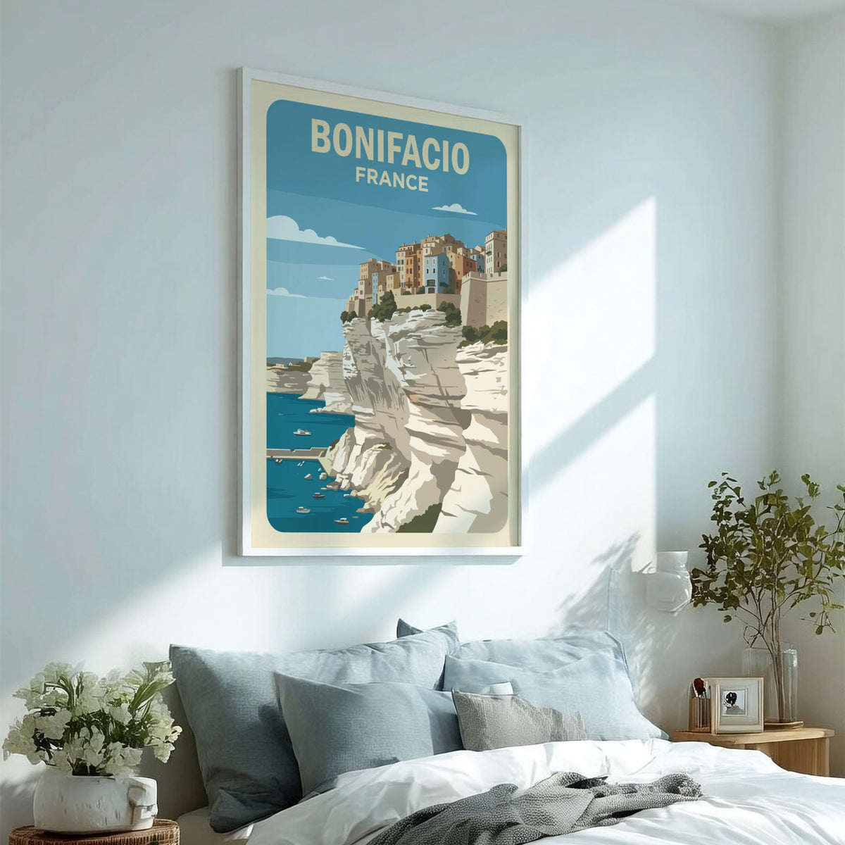 Poster of Bonifacio France featuring colourful buildings perched on steep white limestone cliffs above.