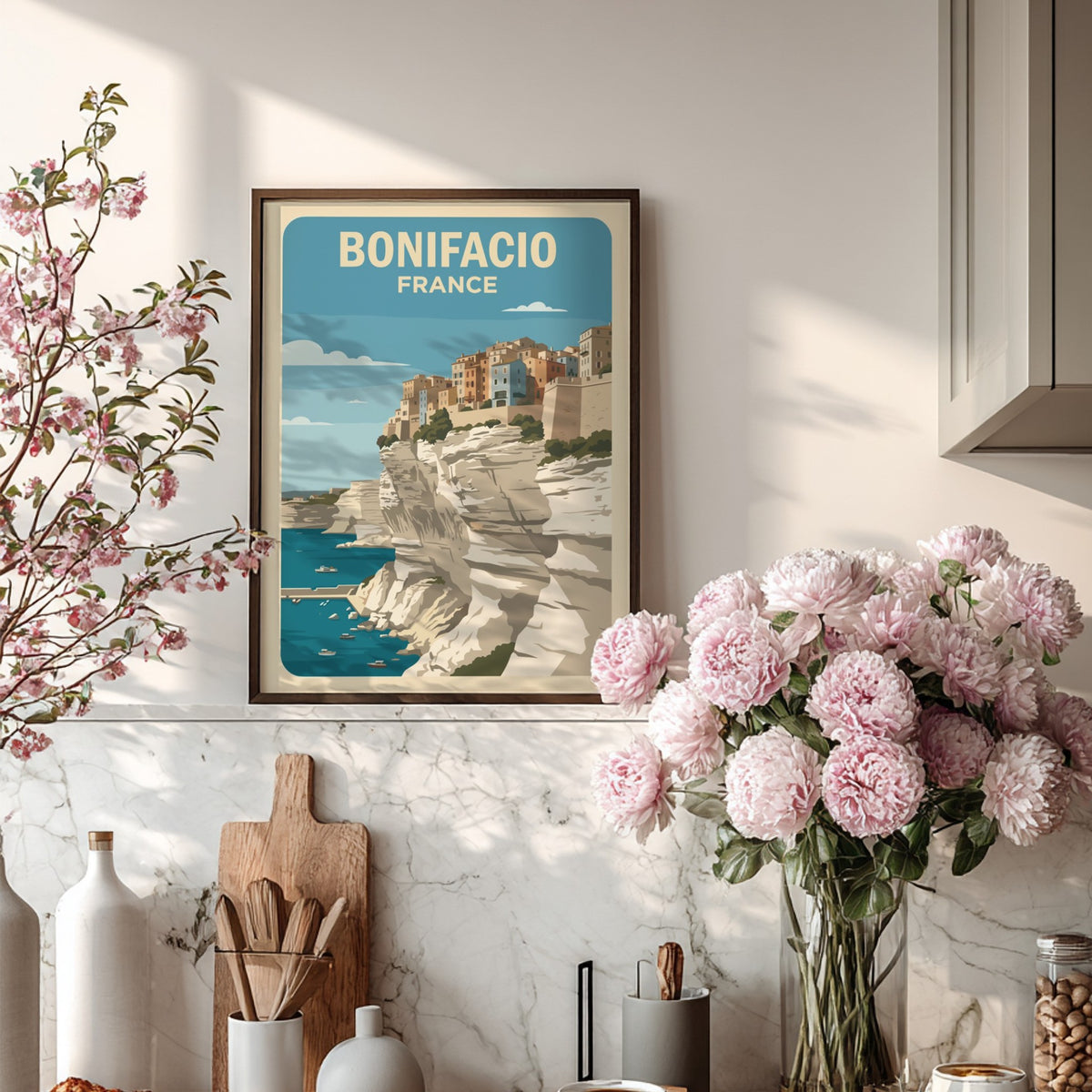 Poster of Bonifacio France featuring colourful buildings perched on steep white limestone cliffs above.