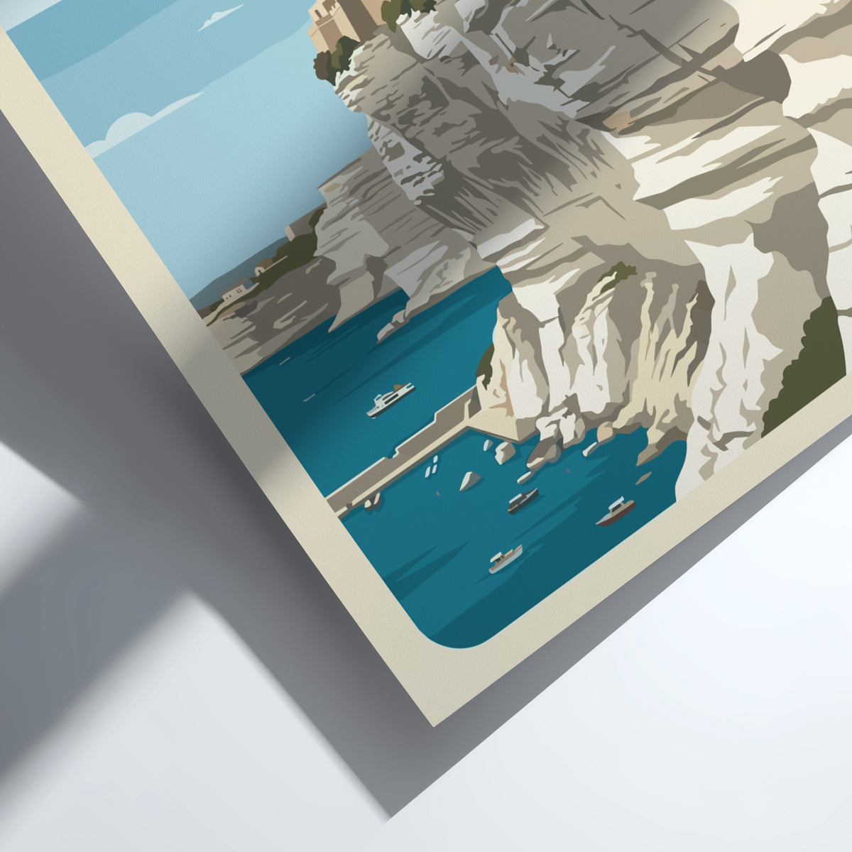 Poster of Bonifacio France featuring colourful buildings perched on steep white limestone cliffs above.
