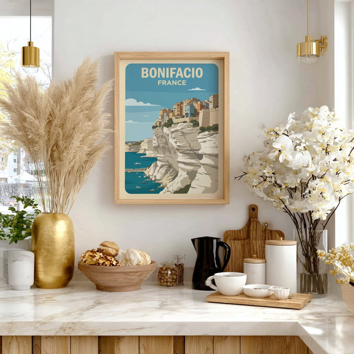 Poster of Bonifacio France featuring colourful buildings perched on steep white limestone cliffs above.