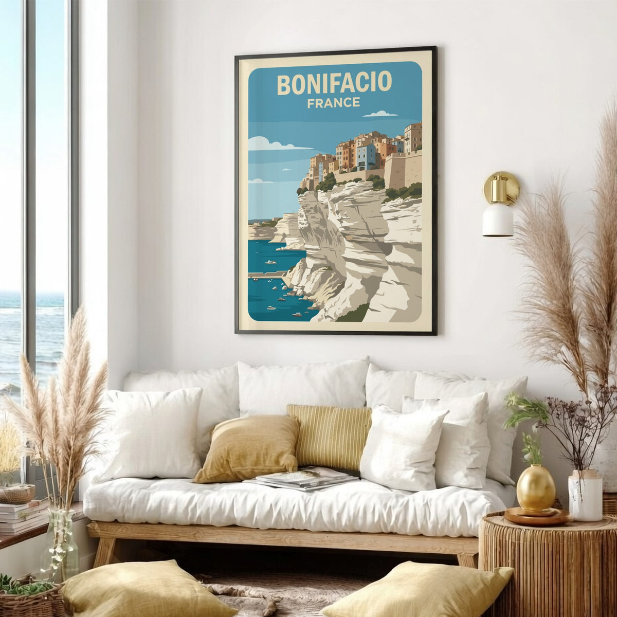 Poster of Bonifacio France featuring colourful buildings perched on steep white limestone cliffs above.