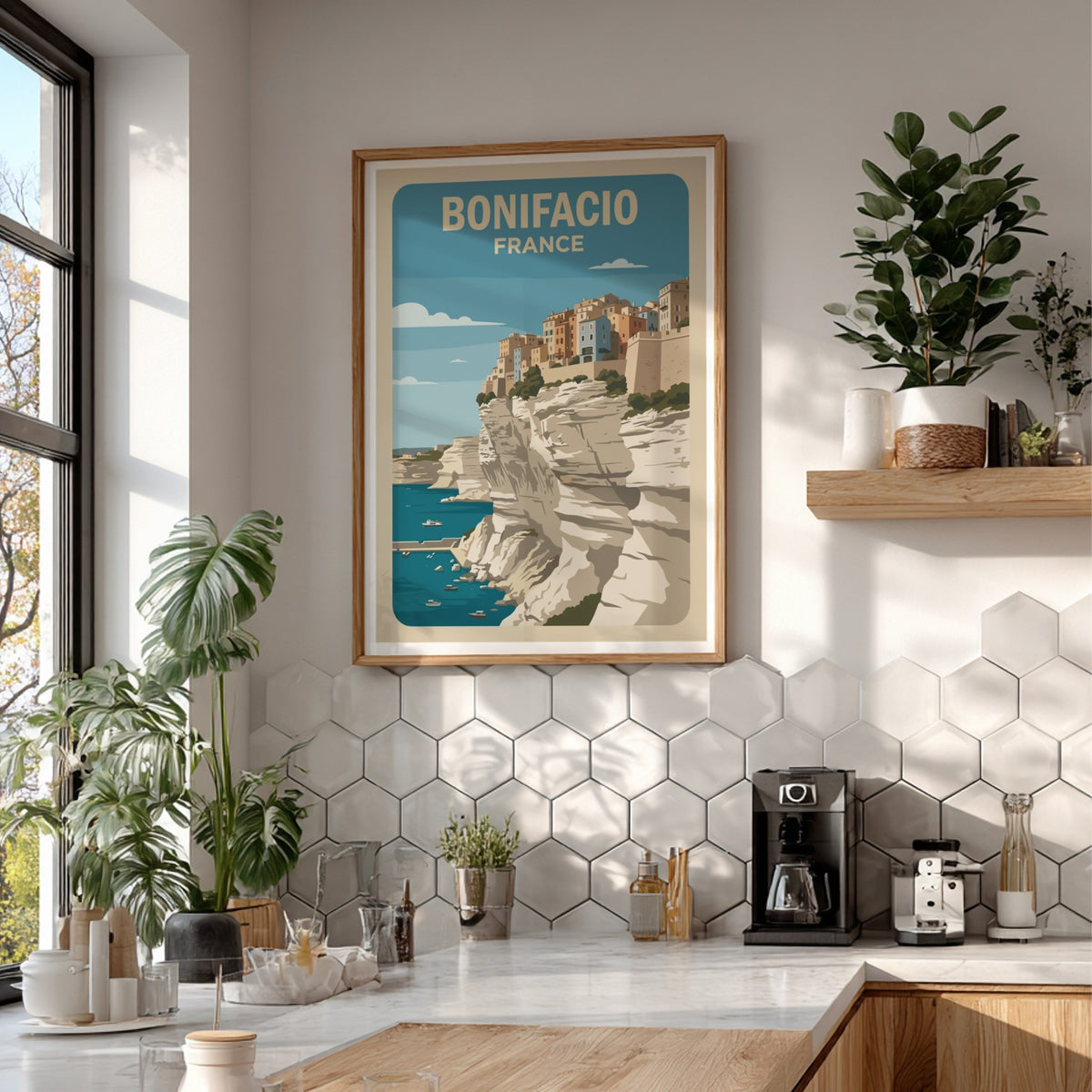 Poster of Bonifacio France featuring colourful buildings perched on steep white limestone cliffs above.