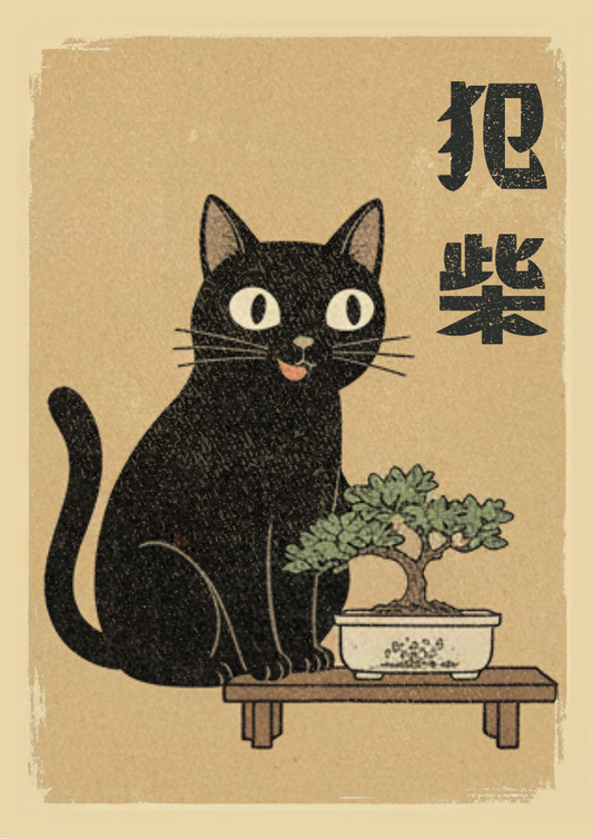 Illustration of a black cat sitting on a table with a bonsai tree, on a beige background with Japanese text.