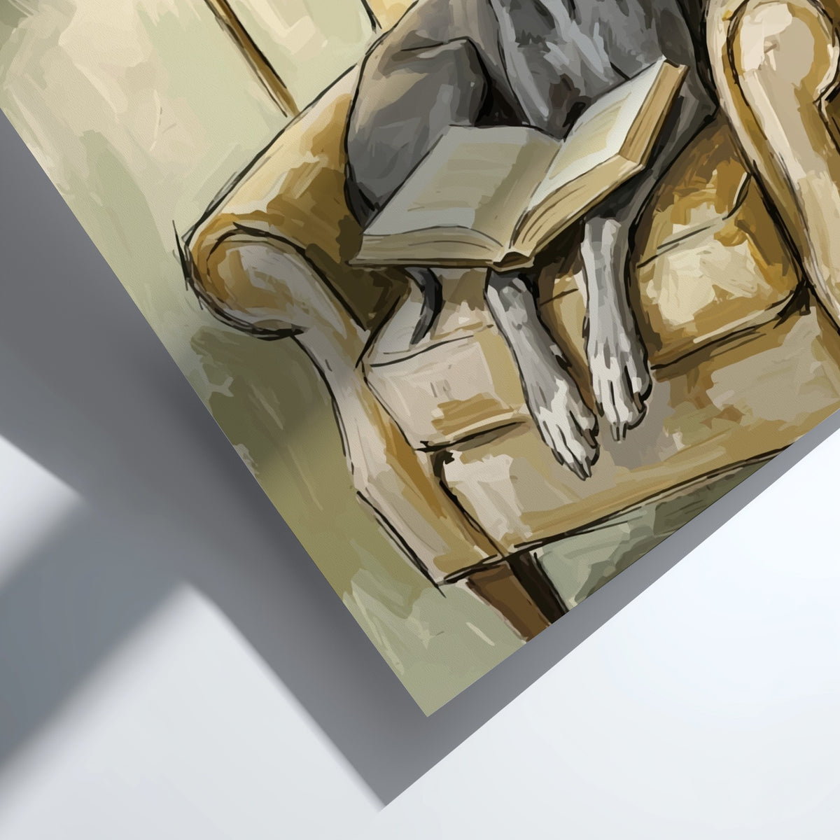 Poster featuring a greyhound reading a book while sitting in a soft tan armchair