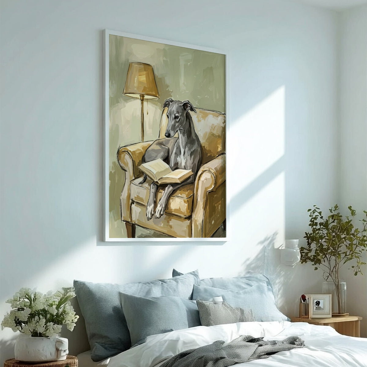 Poster featuring a greyhound reading a book while sitting in a soft tan armchair