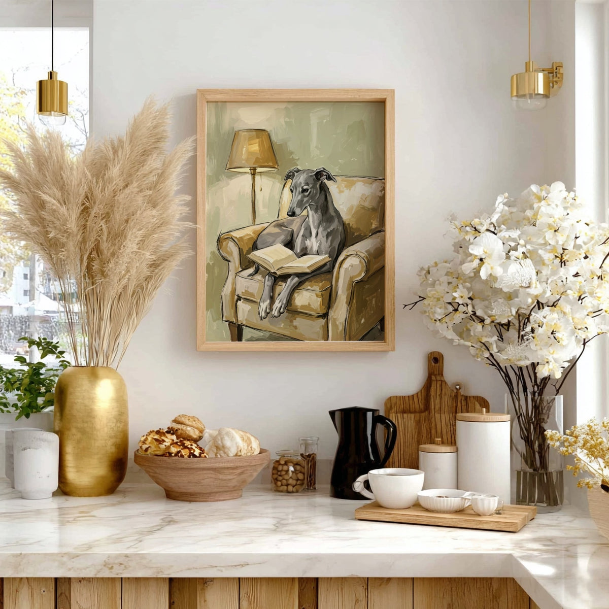 Poster featuring a greyhound reading a book while sitting in a soft tan armchair
