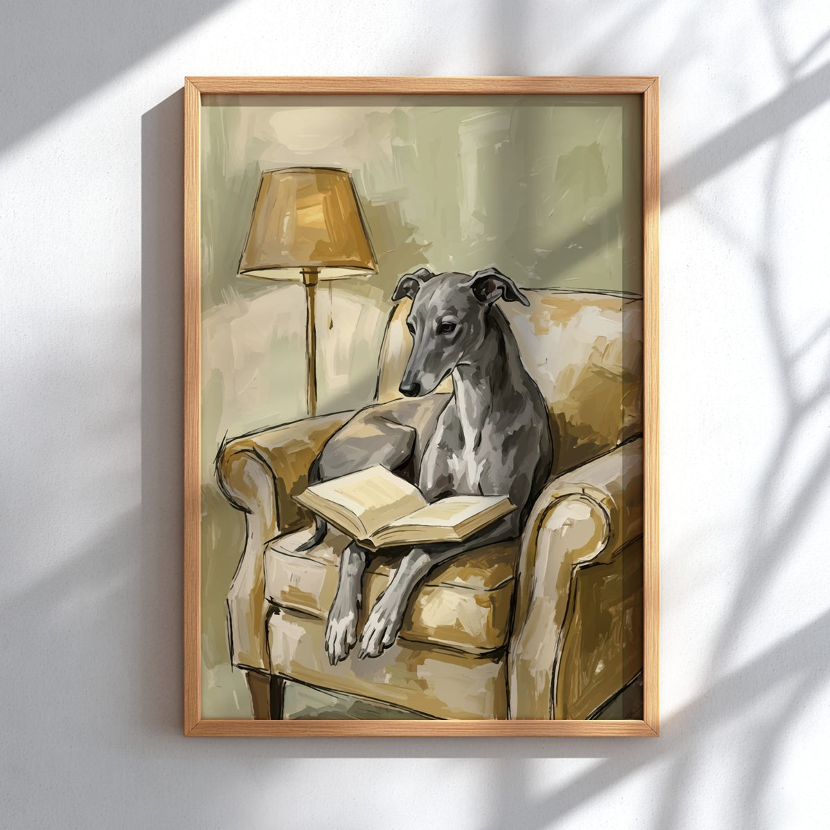 Poster featuring a greyhound reading a book while sitting in a soft tan armchair