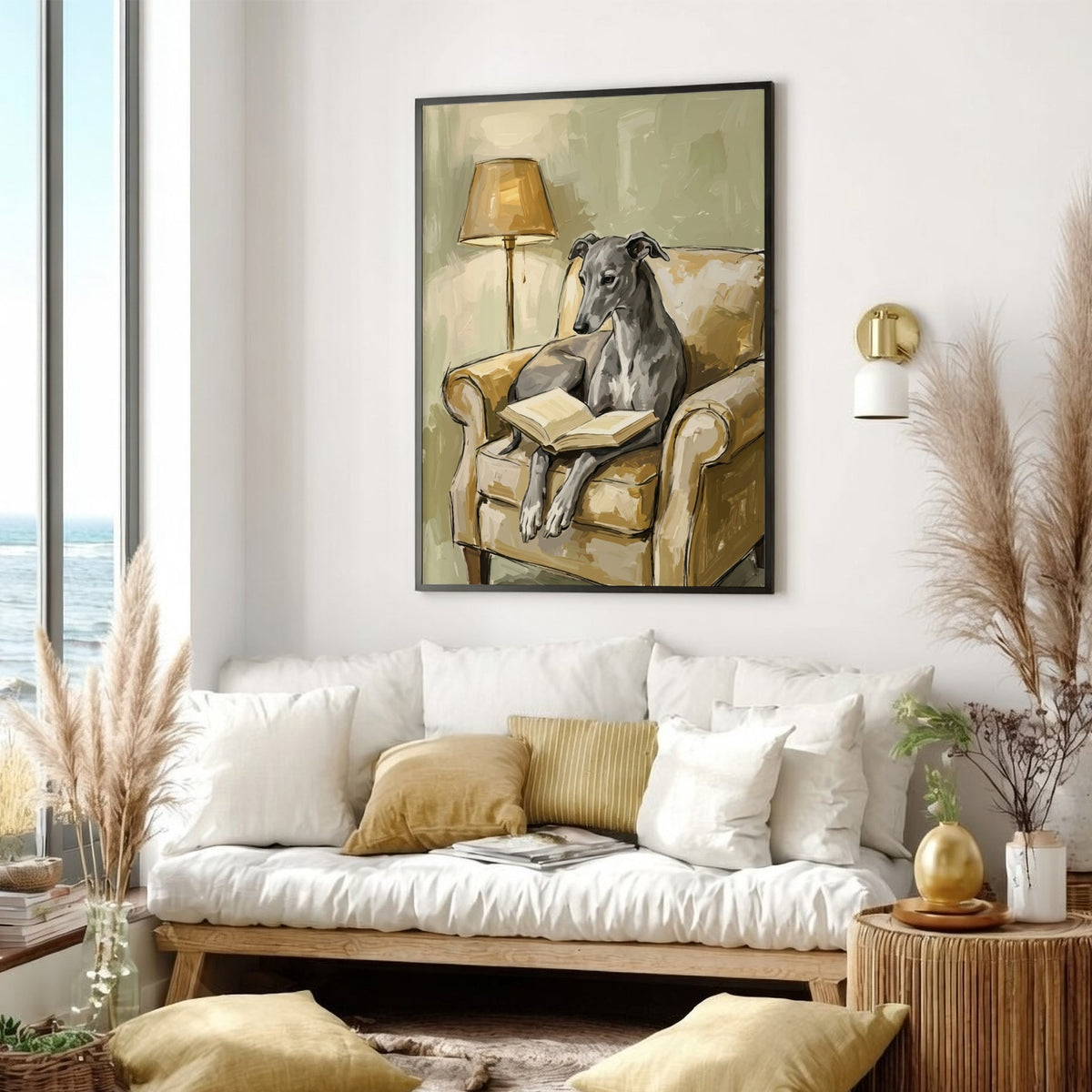 Poster featuring a greyhound reading a book while sitting in a soft tan armchair