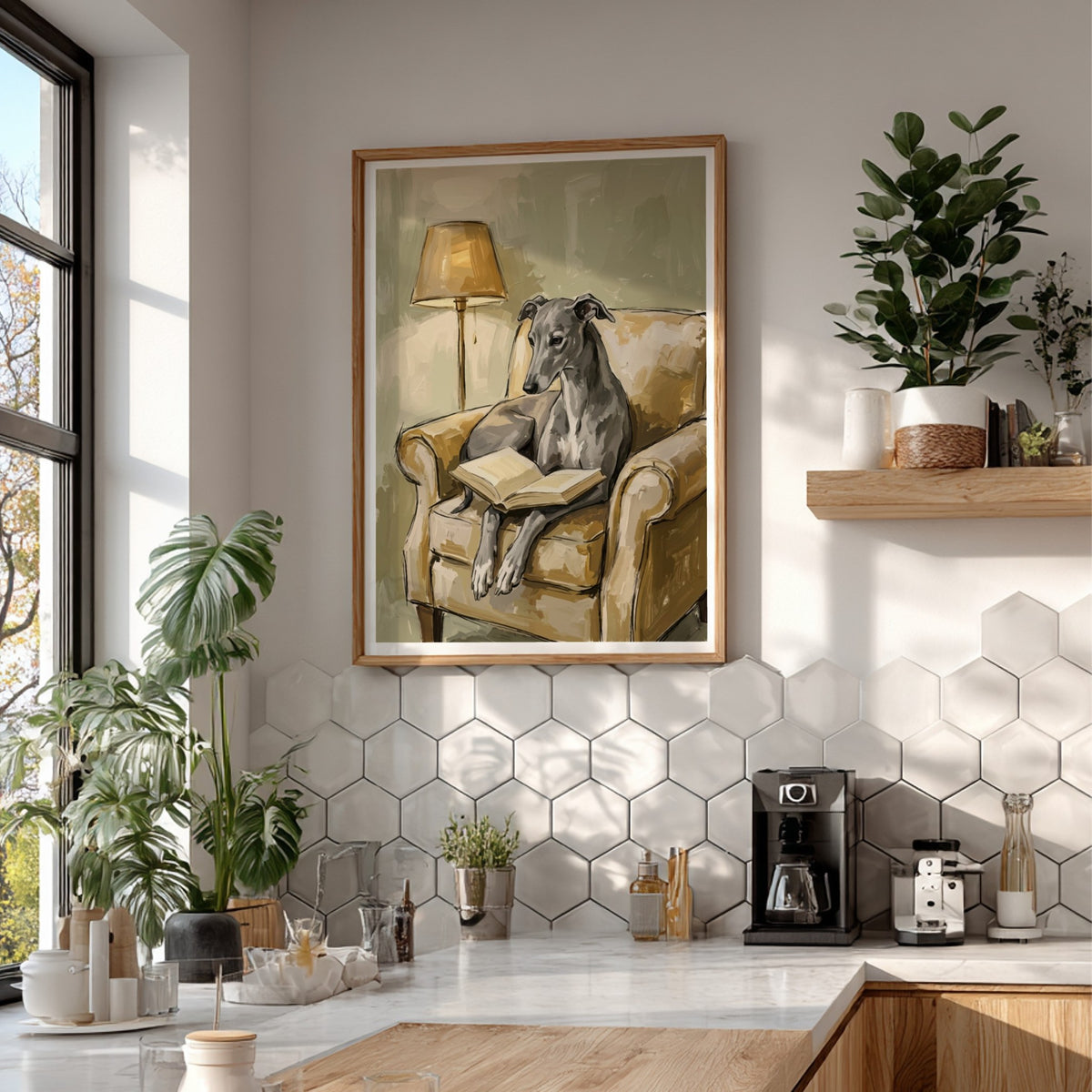 Poster featuring a greyhound reading a book while sitting in a soft tan armchair