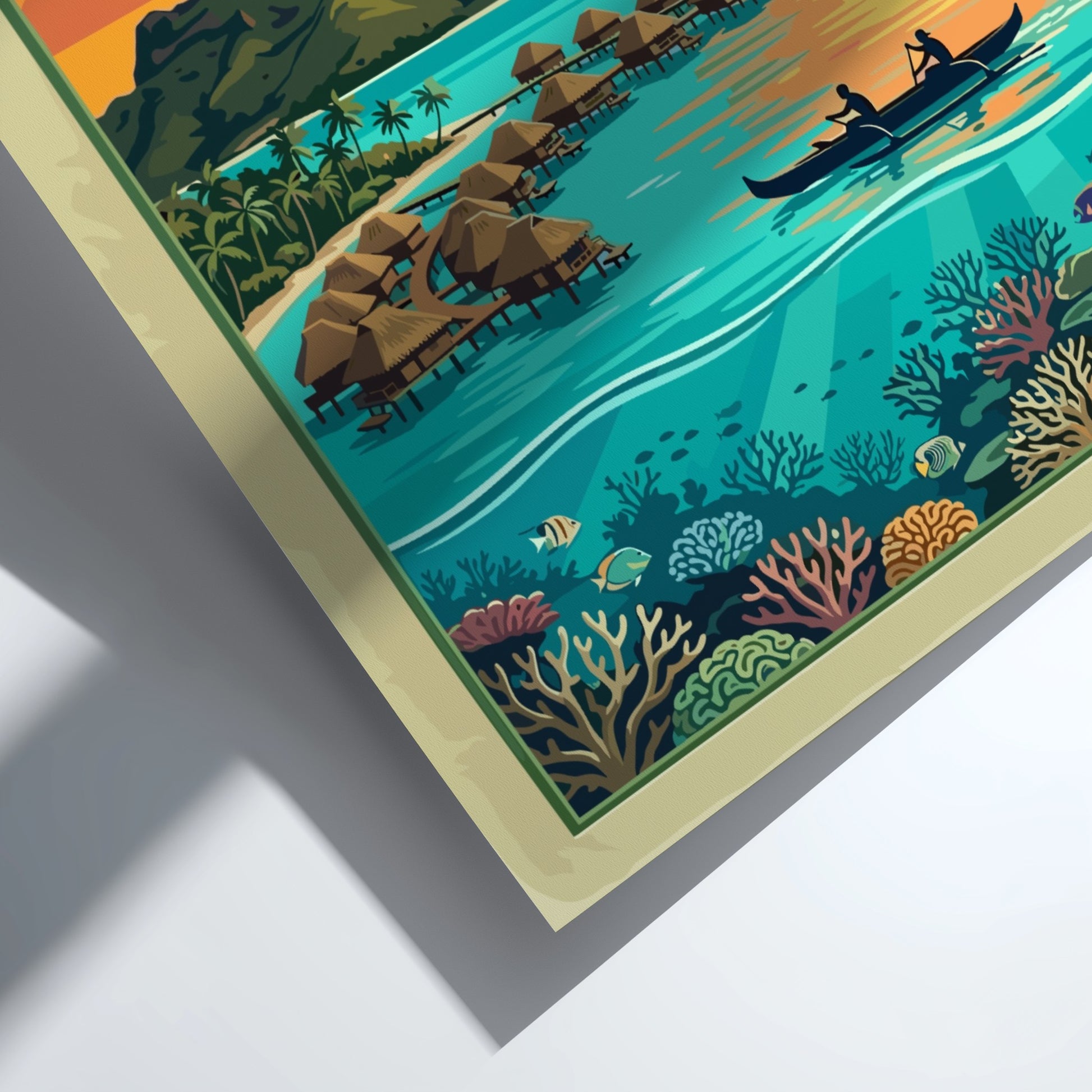 Bora Bora French Polynesia travel poster featuring overwater bungalows, a volcanic peak, and coral.