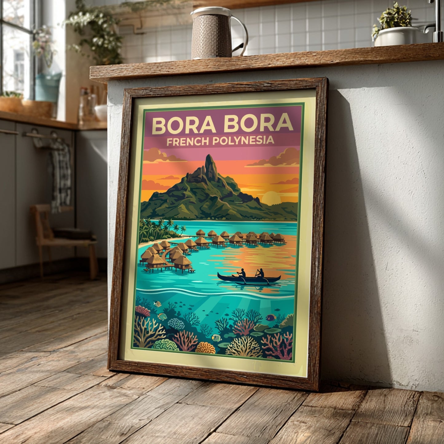Bora Bora French Polynesia travel poster featuring overwater bungalows, a volcanic peak, and coral.