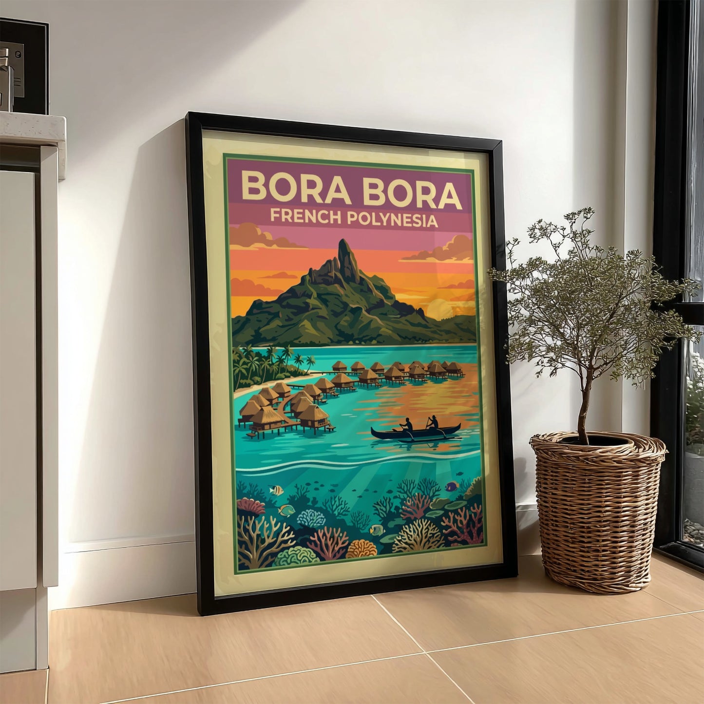 Bora Bora French Polynesia travel poster featuring overwater bungalows, a volcanic peak, and coral.