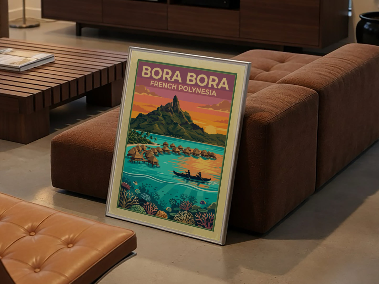 Bora Bora French Polynesia travel poster featuring overwater bungalows, a volcanic peak, and coral.