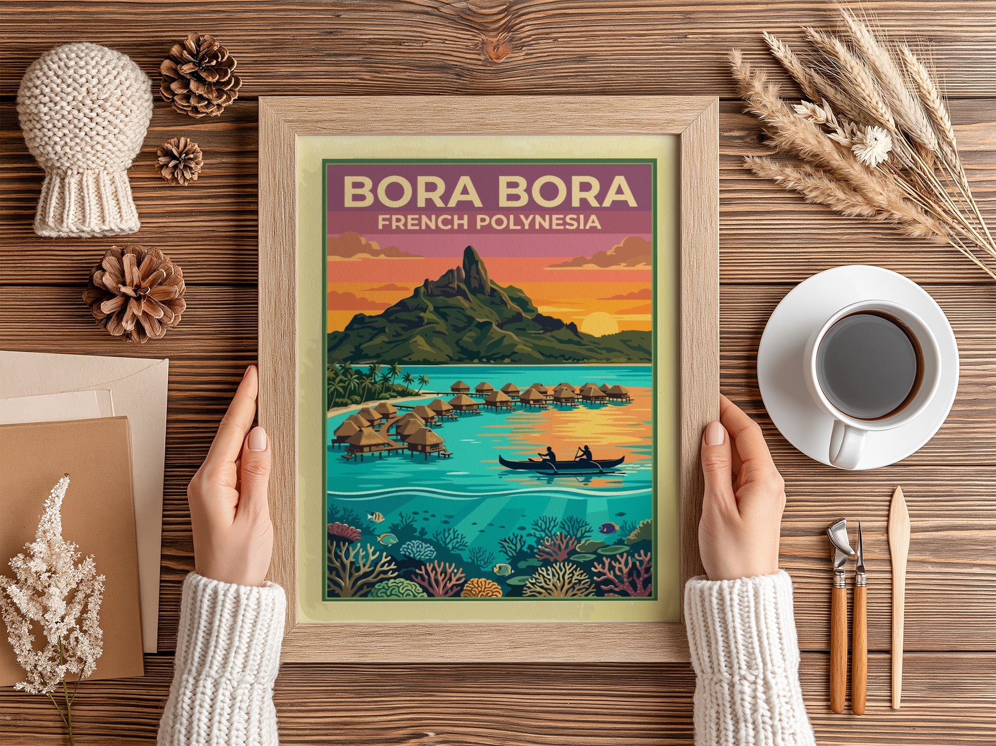 Bora Bora French Polynesia travel poster featuring overwater bungalows, a volcanic peak, and coral.