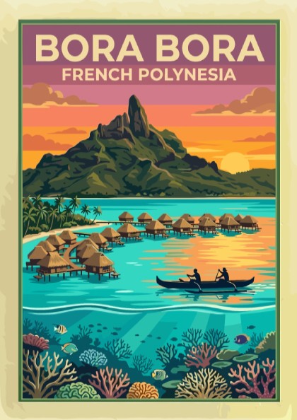 Bora Bora French Polynesia travel poster featuring overwater bungalows, a volcanic peak, and coral.
