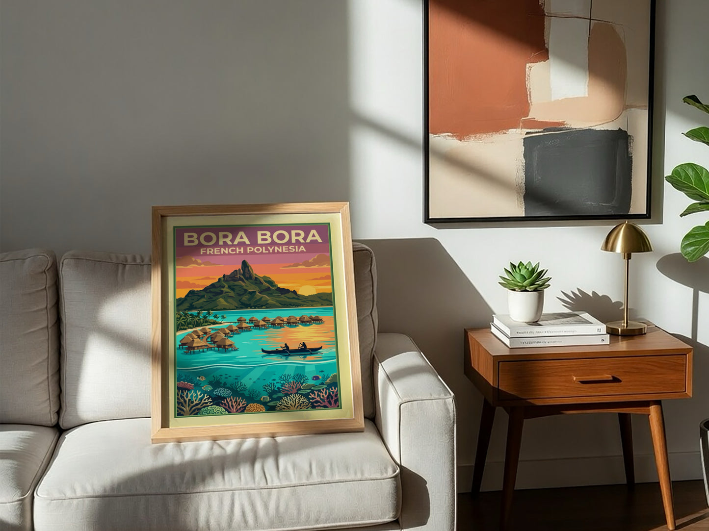 Bora Bora French Polynesia travel poster featuring overwater bungalows, a volcanic peak, and coral.