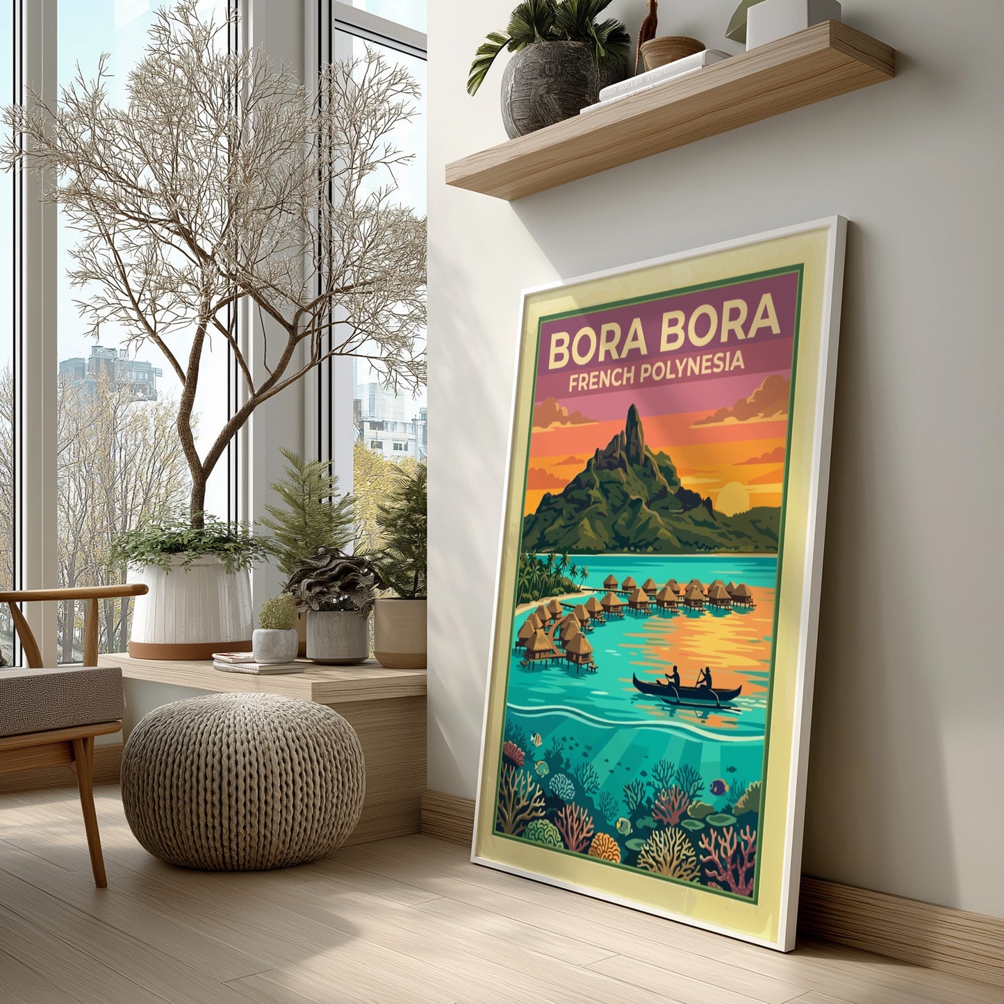 Bora Bora French Polynesia travel poster featuring overwater bungalows, a volcanic peak, and coral.