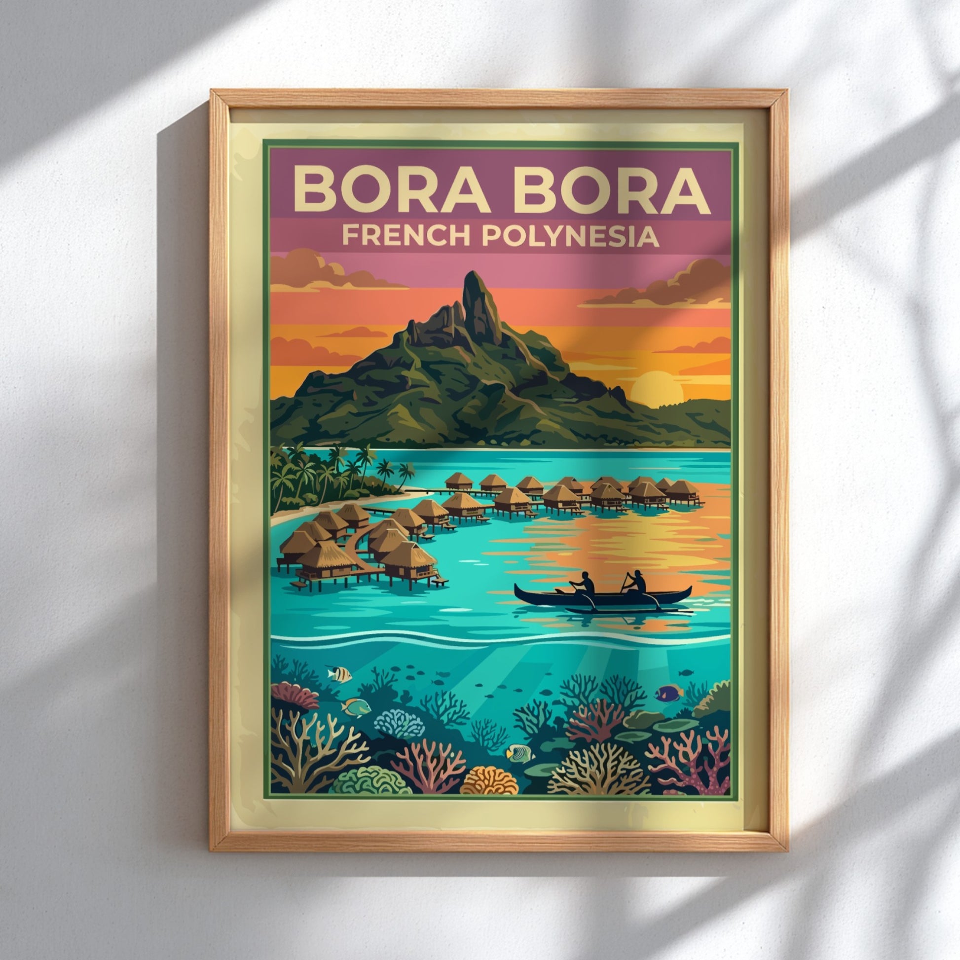 Bora Bora French Polynesia travel poster featuring overwater bungalows, a volcanic peak, and coral.