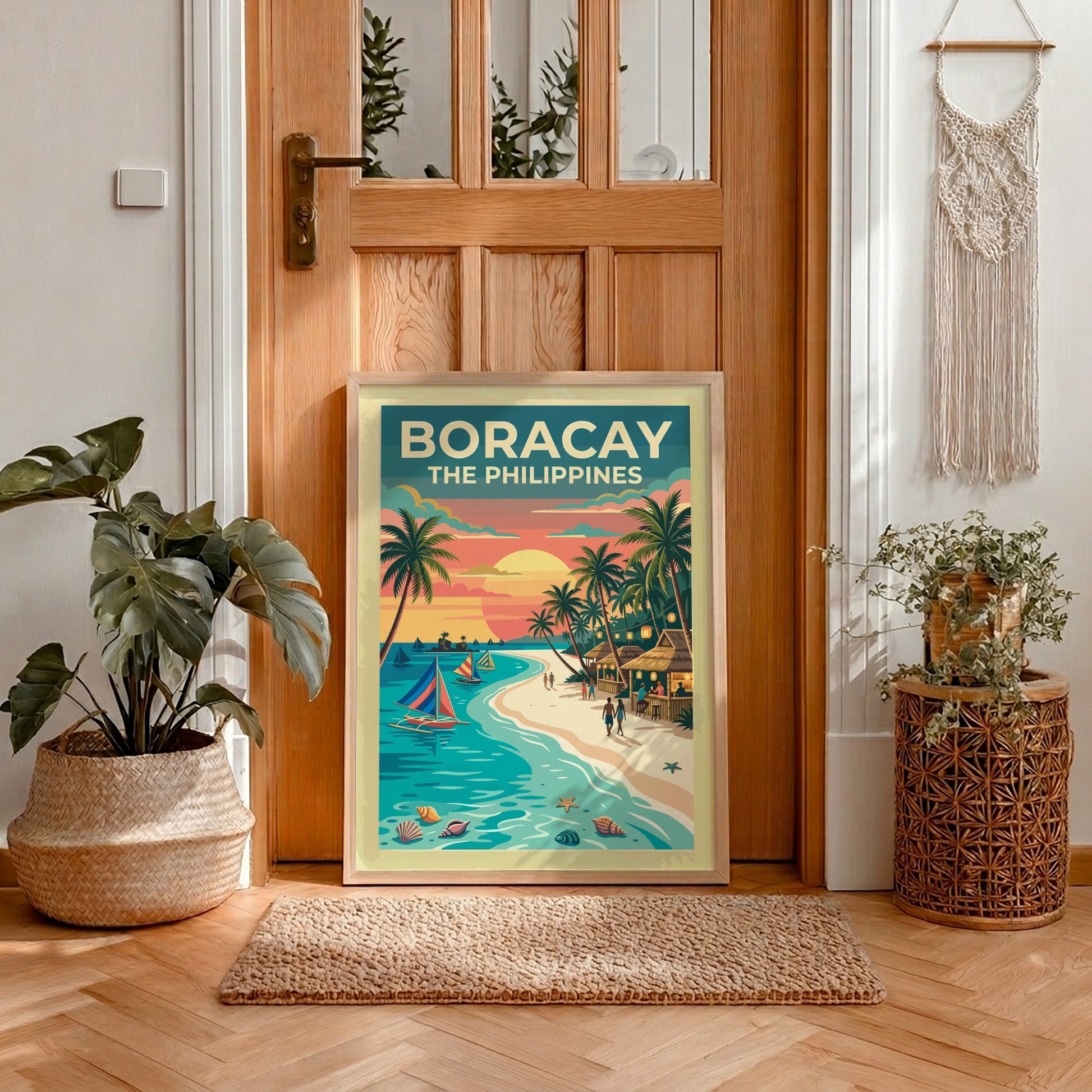 Travel poster of Boracay The Philippines featuring sailboats at sunset with palm trees