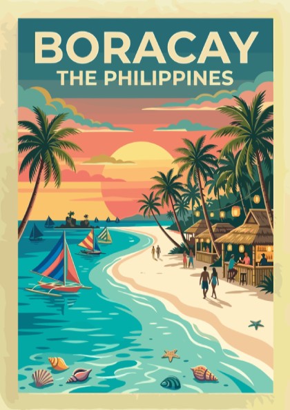 Travel poster of Boracay The Philippines featuring sailboats at sunset with palm trees
