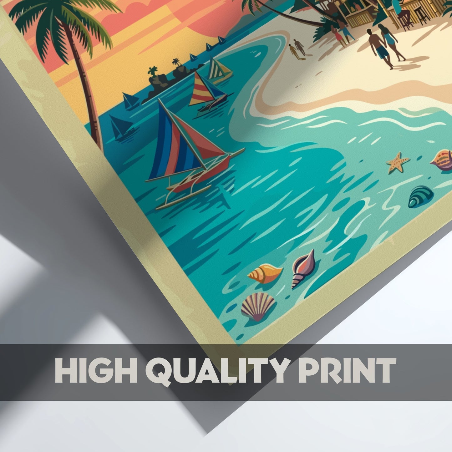 Travel poster of Boracay The Philippines featuring sailboats at sunset with palm trees
