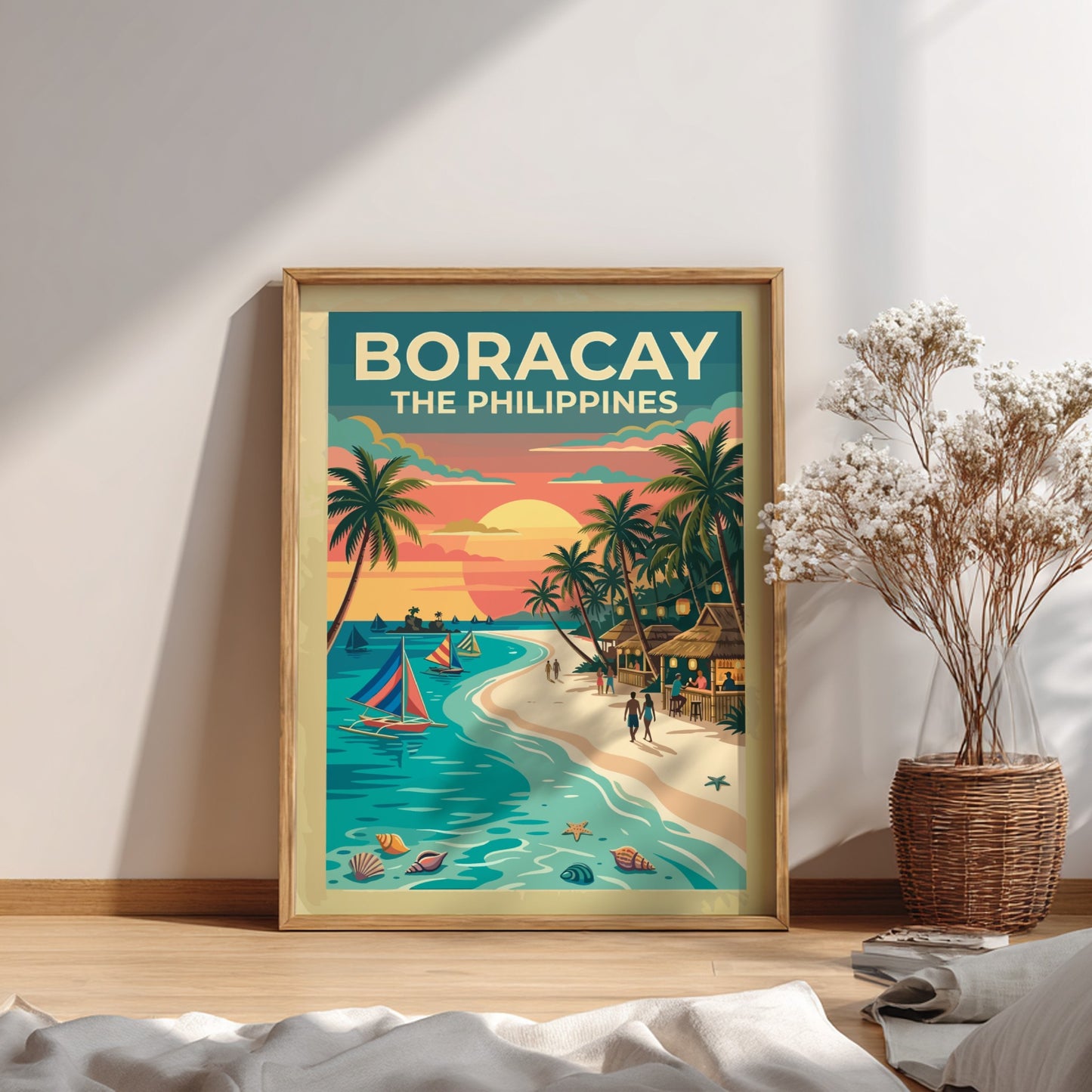 Travel poster of Boracay The Philippines featuring sailboats at sunset with palm trees