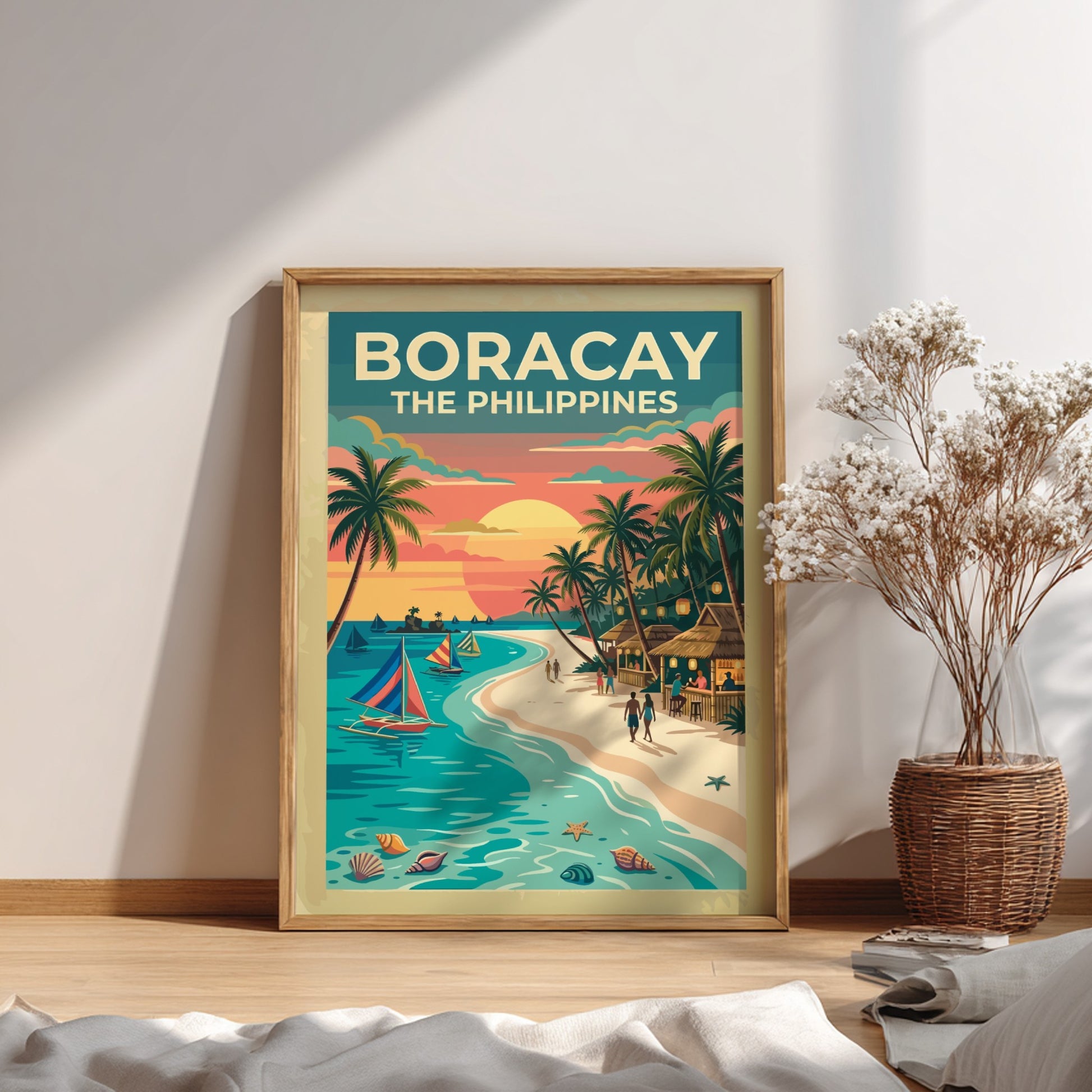 Travel poster of Boracay The Philippines featuring sailboats at sunset with palm trees