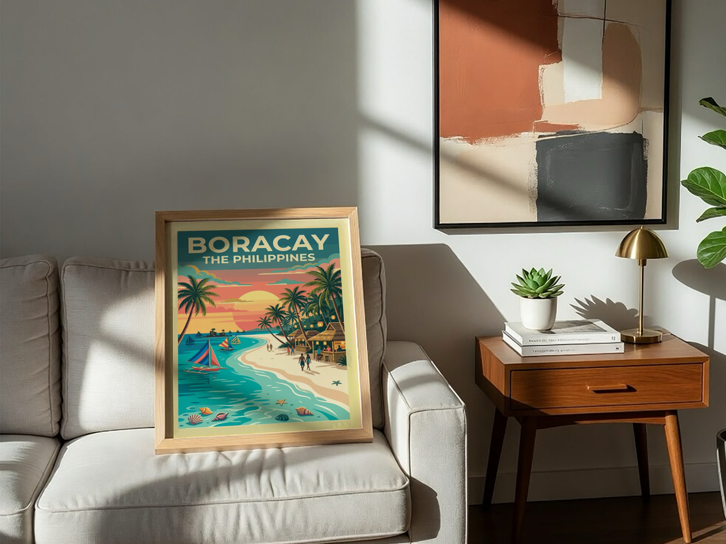Travel poster of Boracay The Philippines featuring sailboats at sunset with palm trees