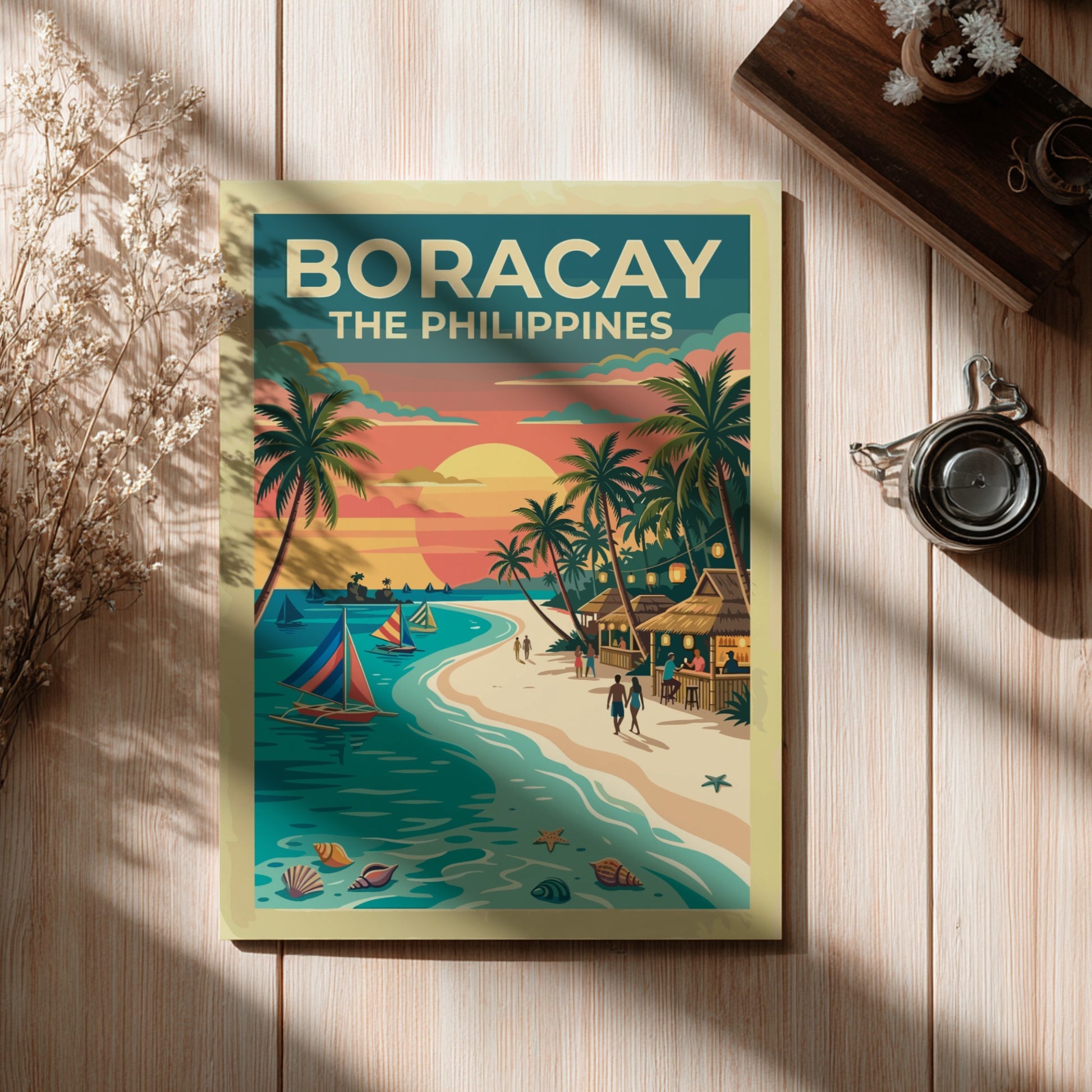 Travel poster of Boracay The Philippines featuring sailboats at sunset with palm trees