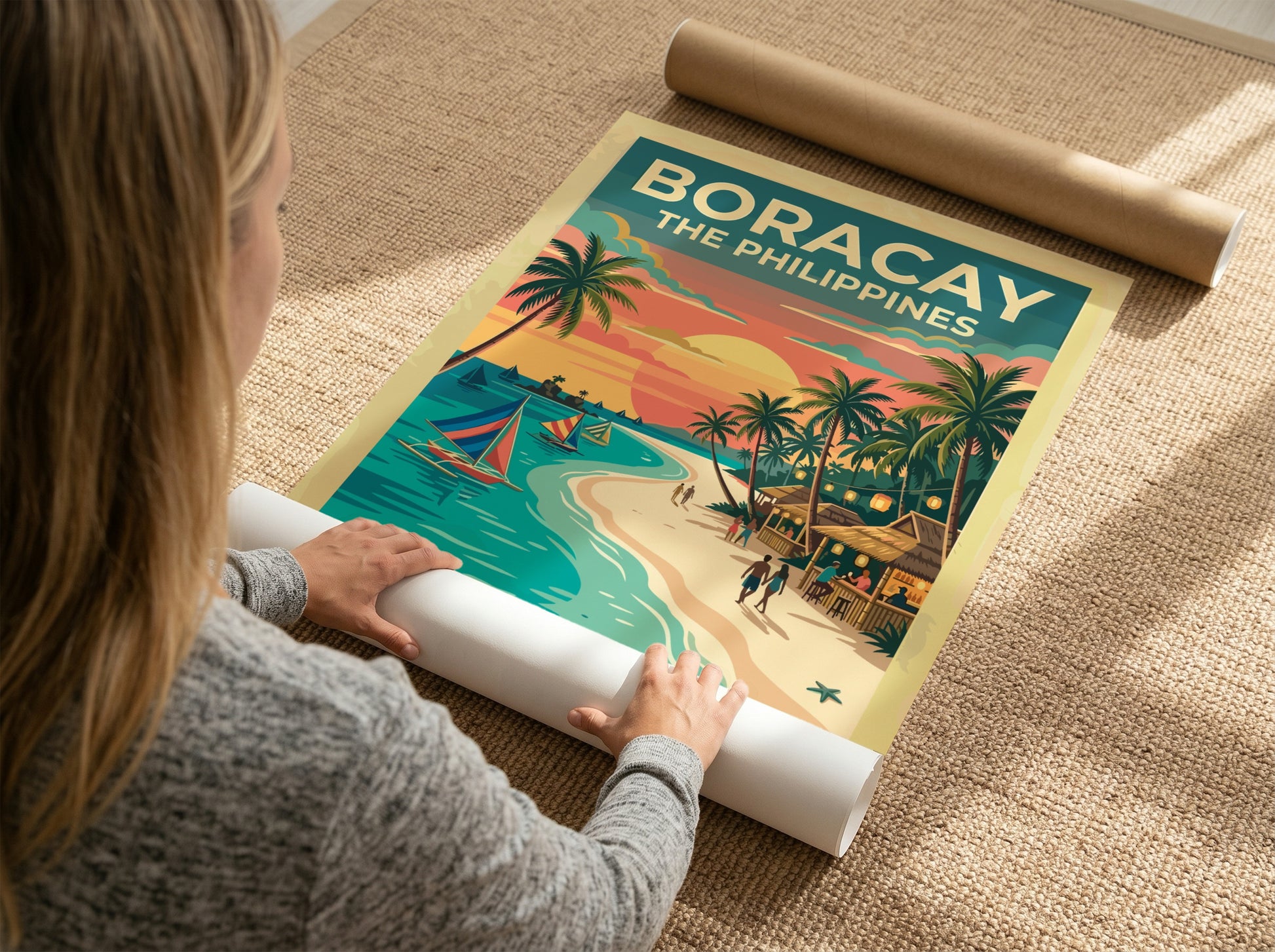 Travel poster of Boracay The Philippines featuring sailboats at sunset with palm trees