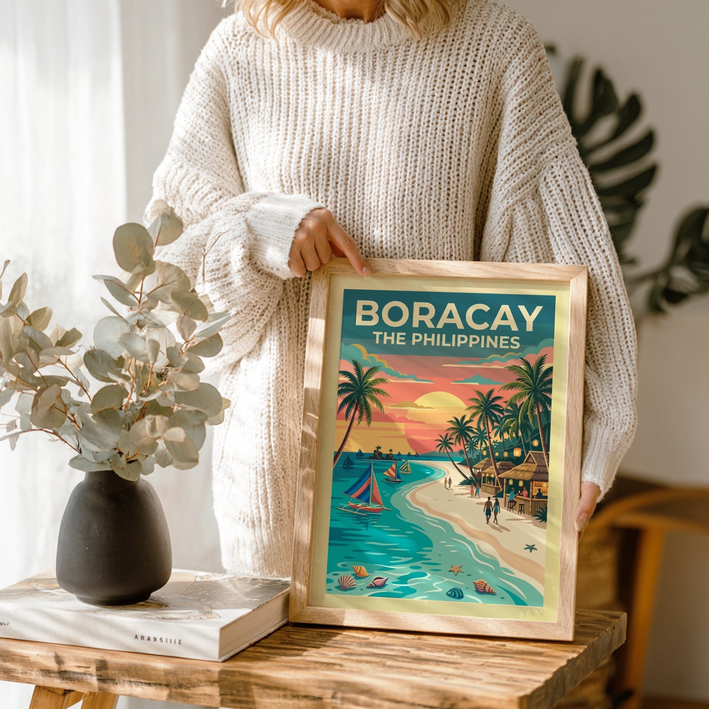 Travel poster of Boracay The Philippines featuring sailboats at sunset with palm trees