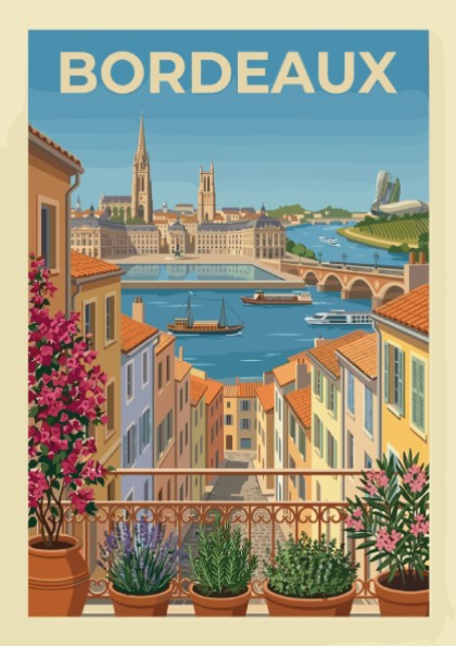 Bordeaux travel poster featuring a colorful cityscape with a river and balcony plants.