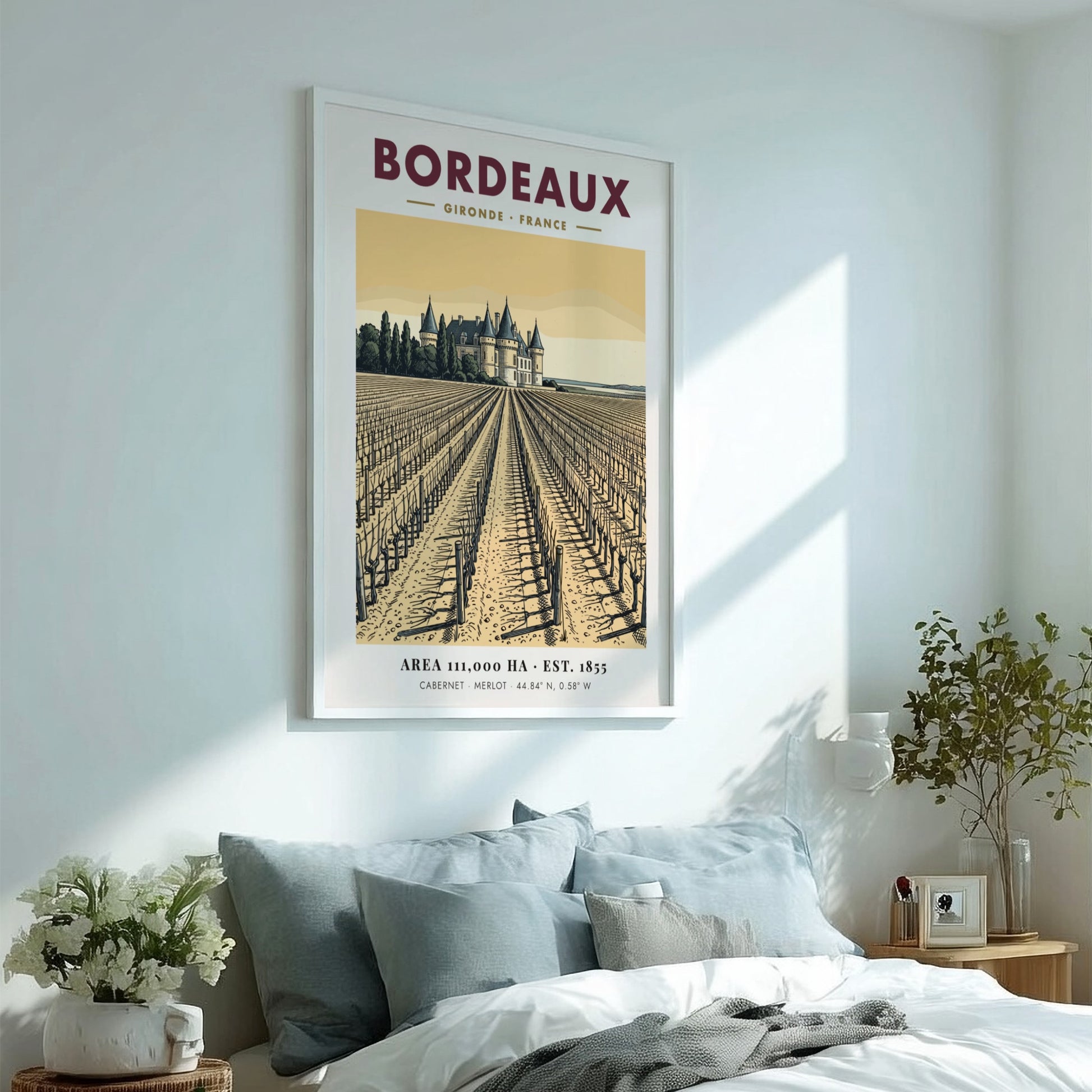 Poster showing a Bordeaux vineyard leading to a chateau in warm sepia tones