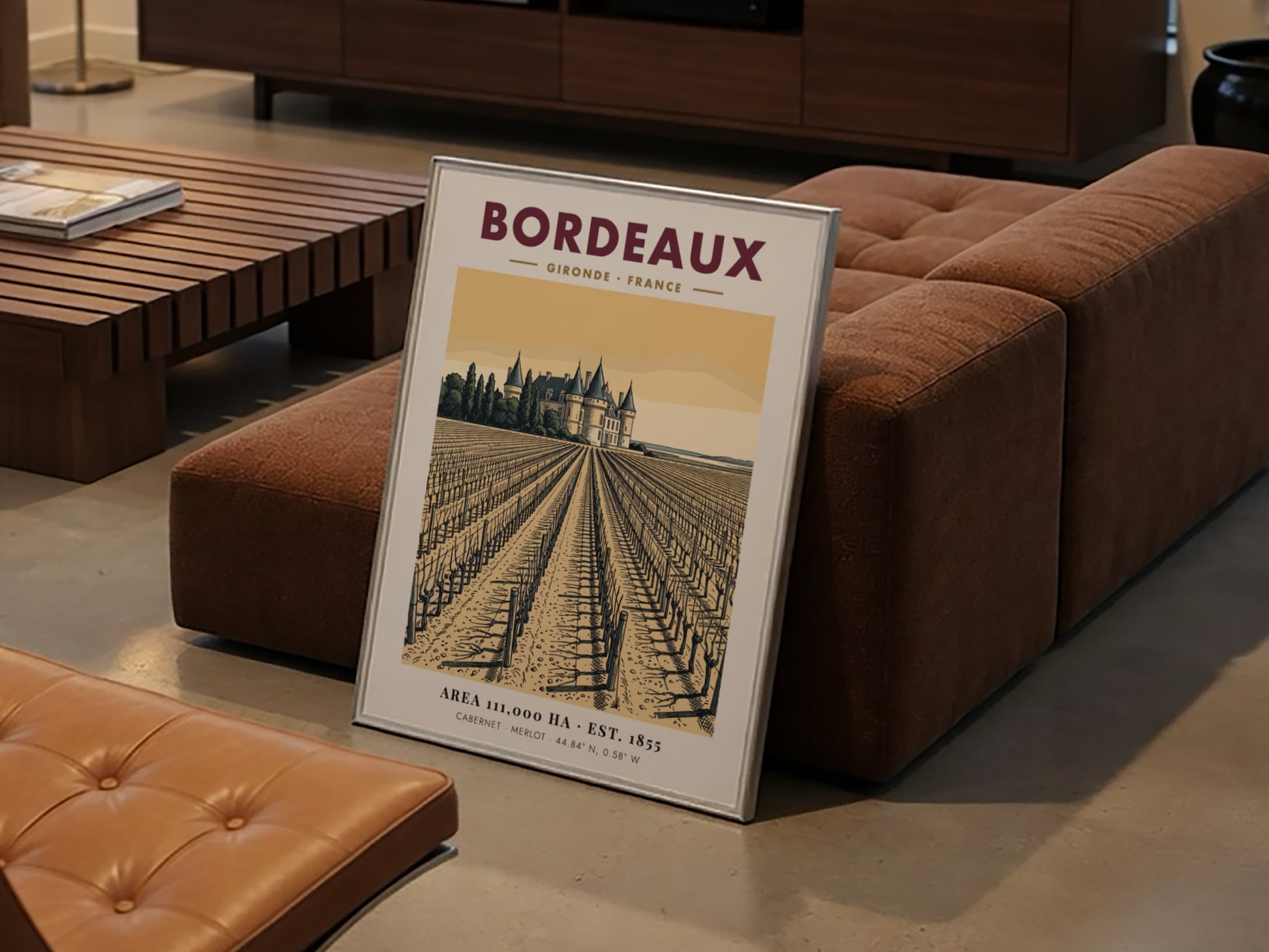 Poster showing a Bordeaux vineyard leading to a chateau in warm sepia tones