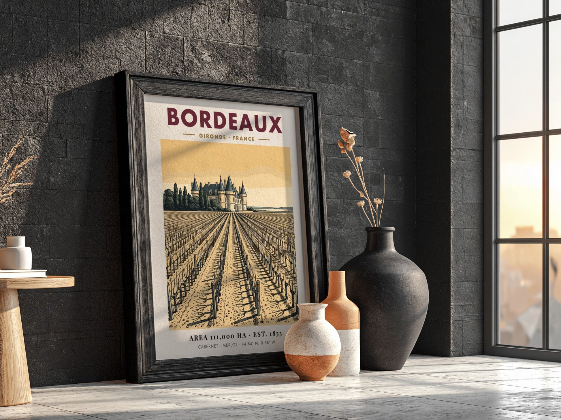 Poster showing a Bordeaux vineyard leading to a chateau in warm sepia tones