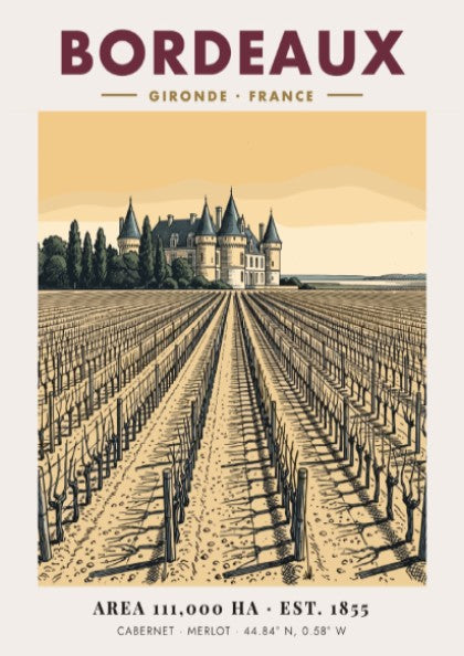 Poster showing a Bordeaux vineyard leading to a chateau in warm sepia tones