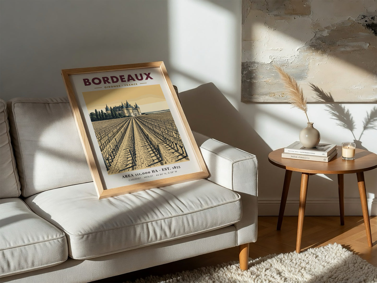 Poster showing a Bordeaux vineyard leading to a chateau in warm sepia tones