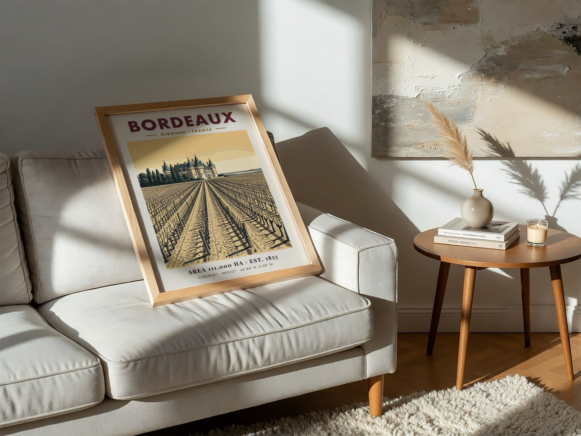 Poster showing a Bordeaux vineyard leading to a chateau in warm sepia tones