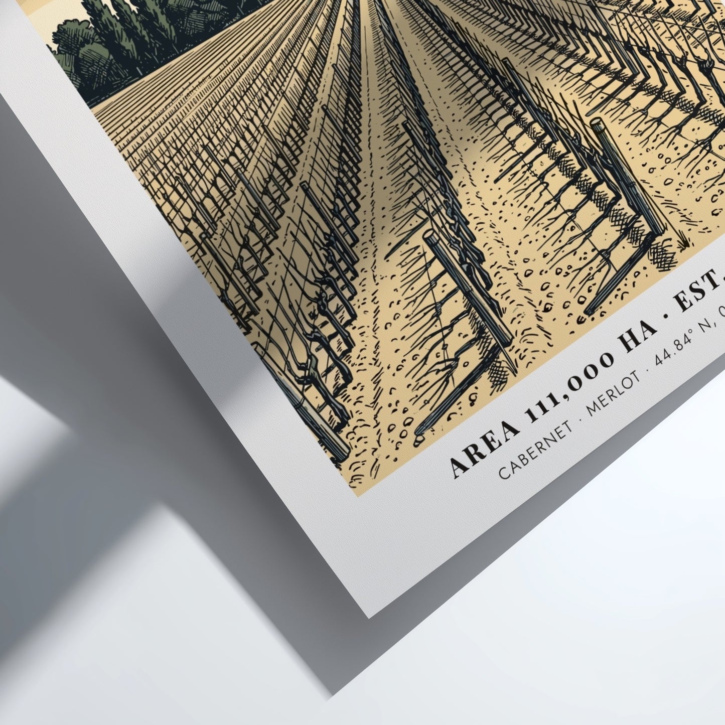Poster showing a Bordeaux vineyard leading to a chateau in warm sepia tones