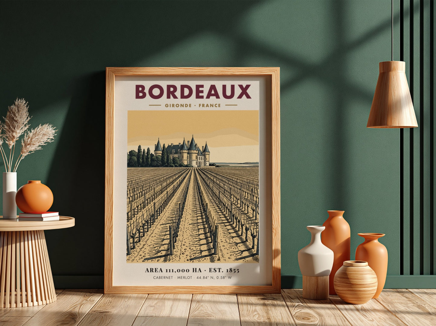 Poster showing a Bordeaux vineyard leading to a chateau in warm sepia tones