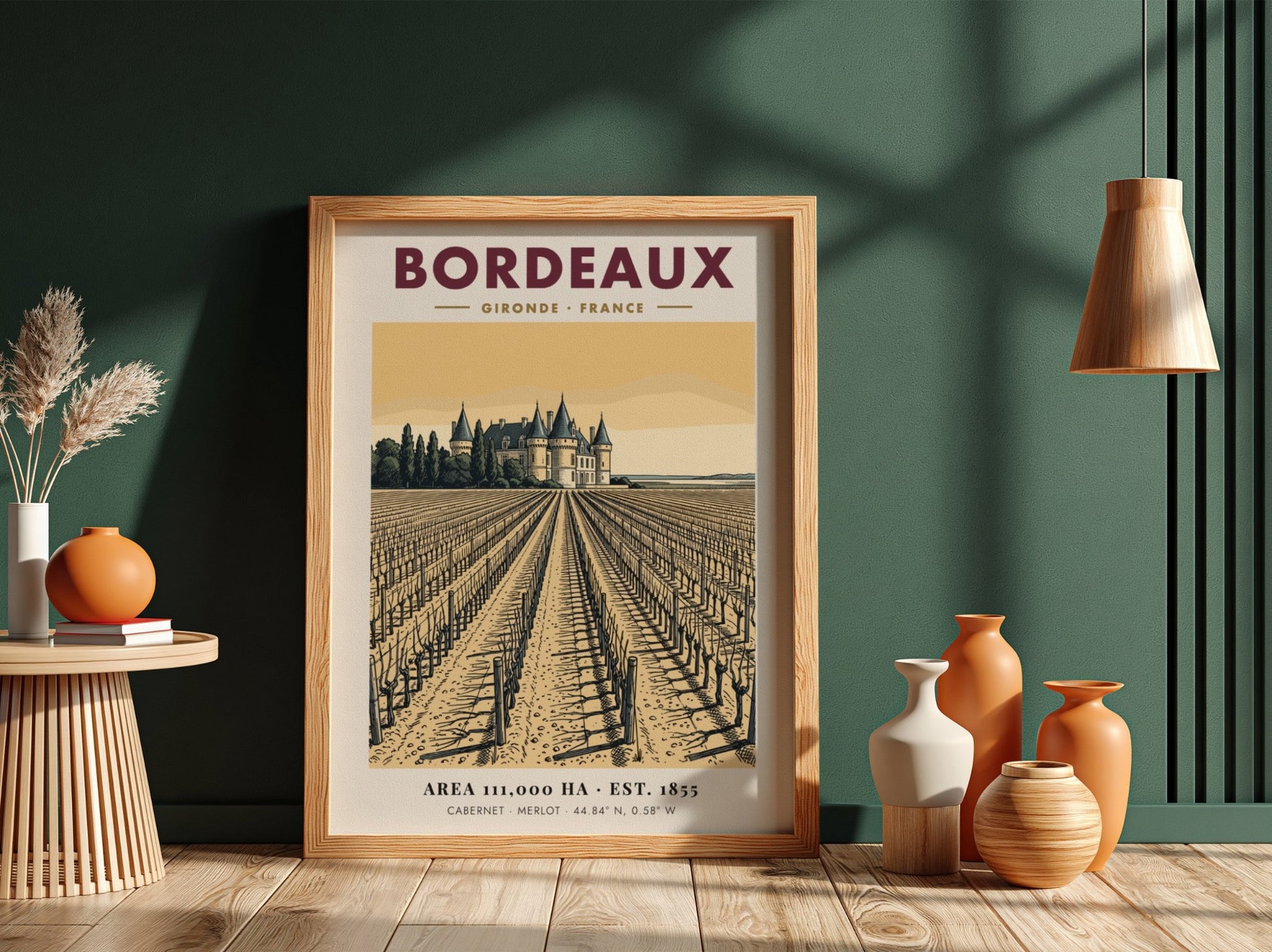 Poster showing a Bordeaux vineyard leading to a chateau in warm sepia tones