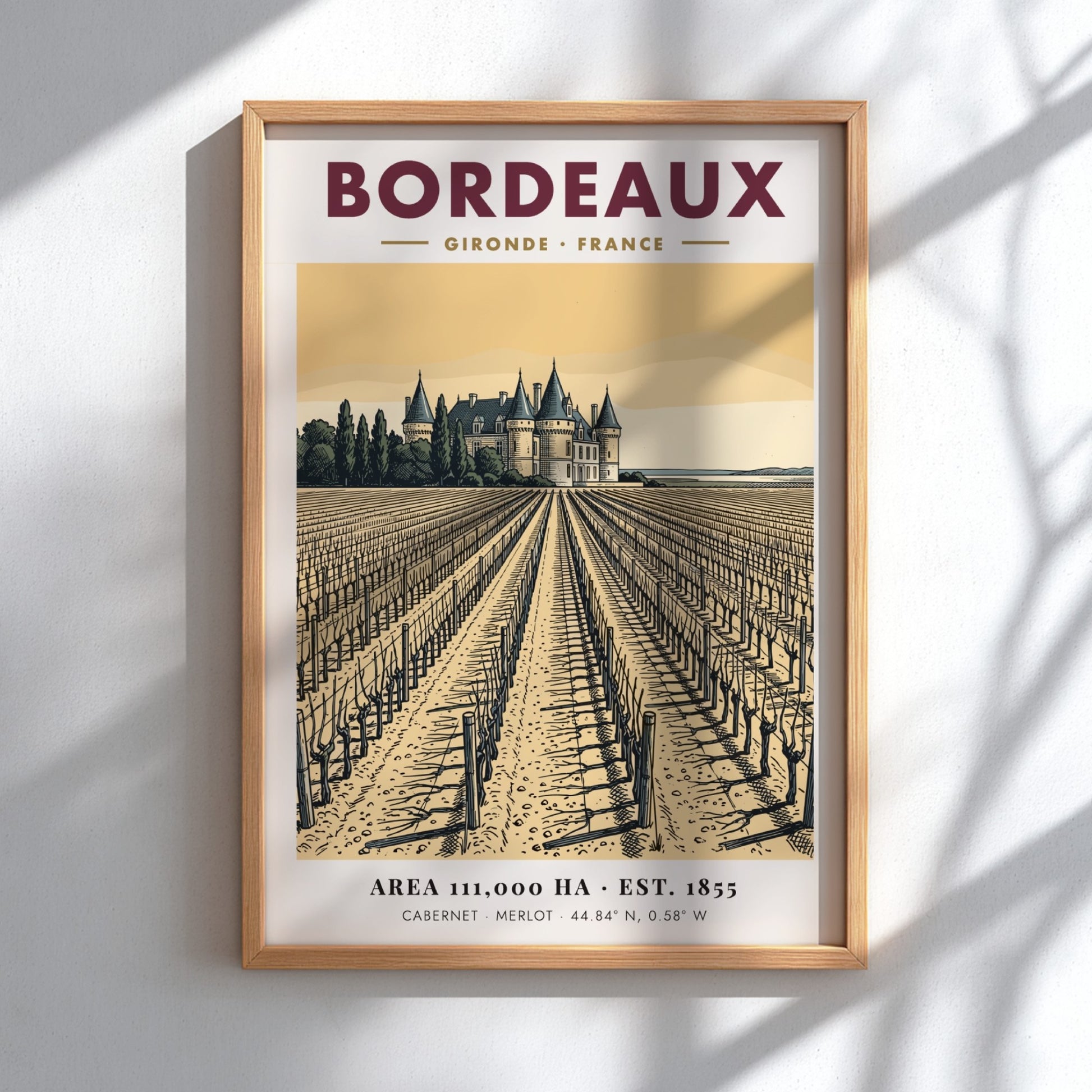 Poster showing a Bordeaux vineyard leading to a chateau in warm sepia tones