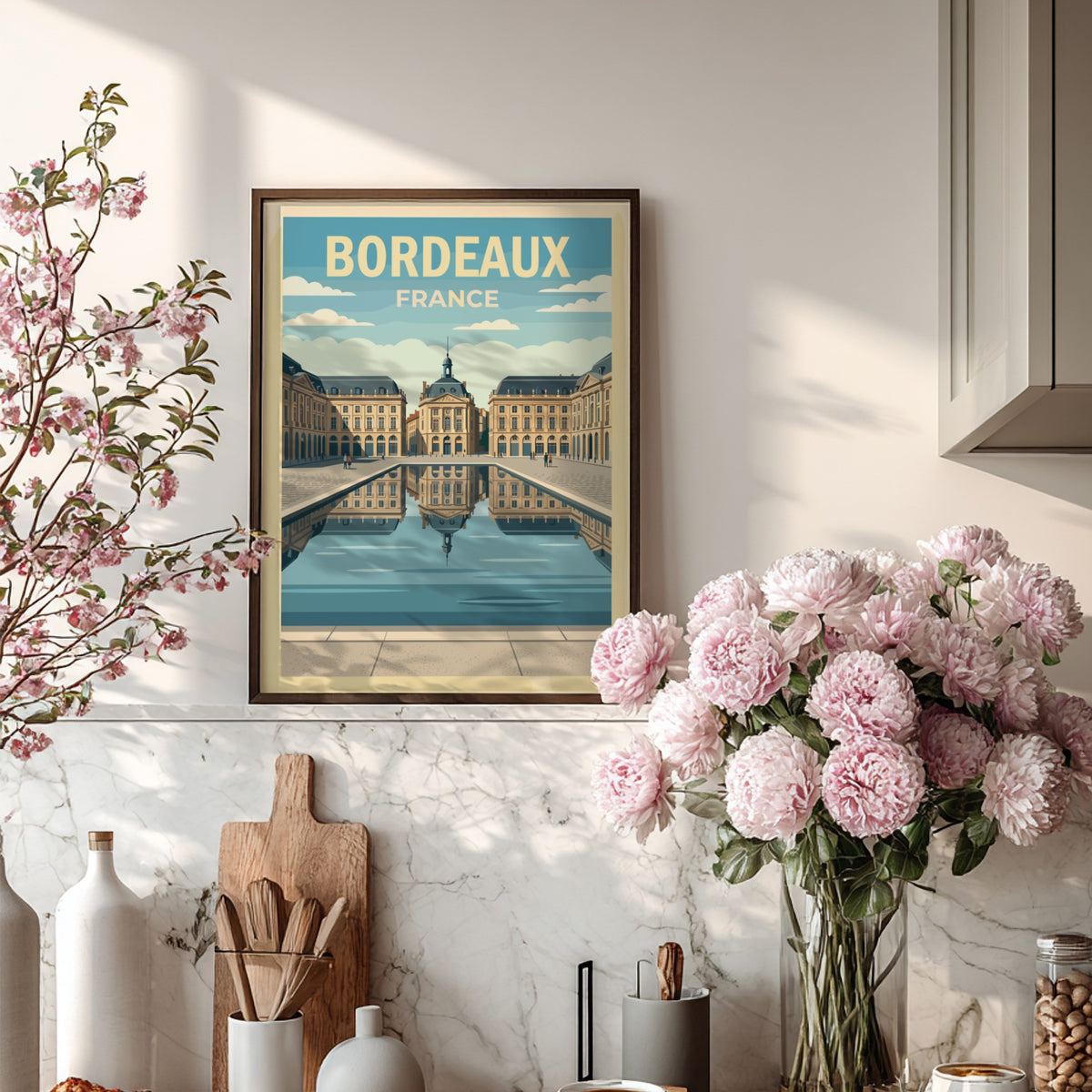 Travel poster of Bordeaux France featuring neoclassical buildings reflected in a calm water basin.